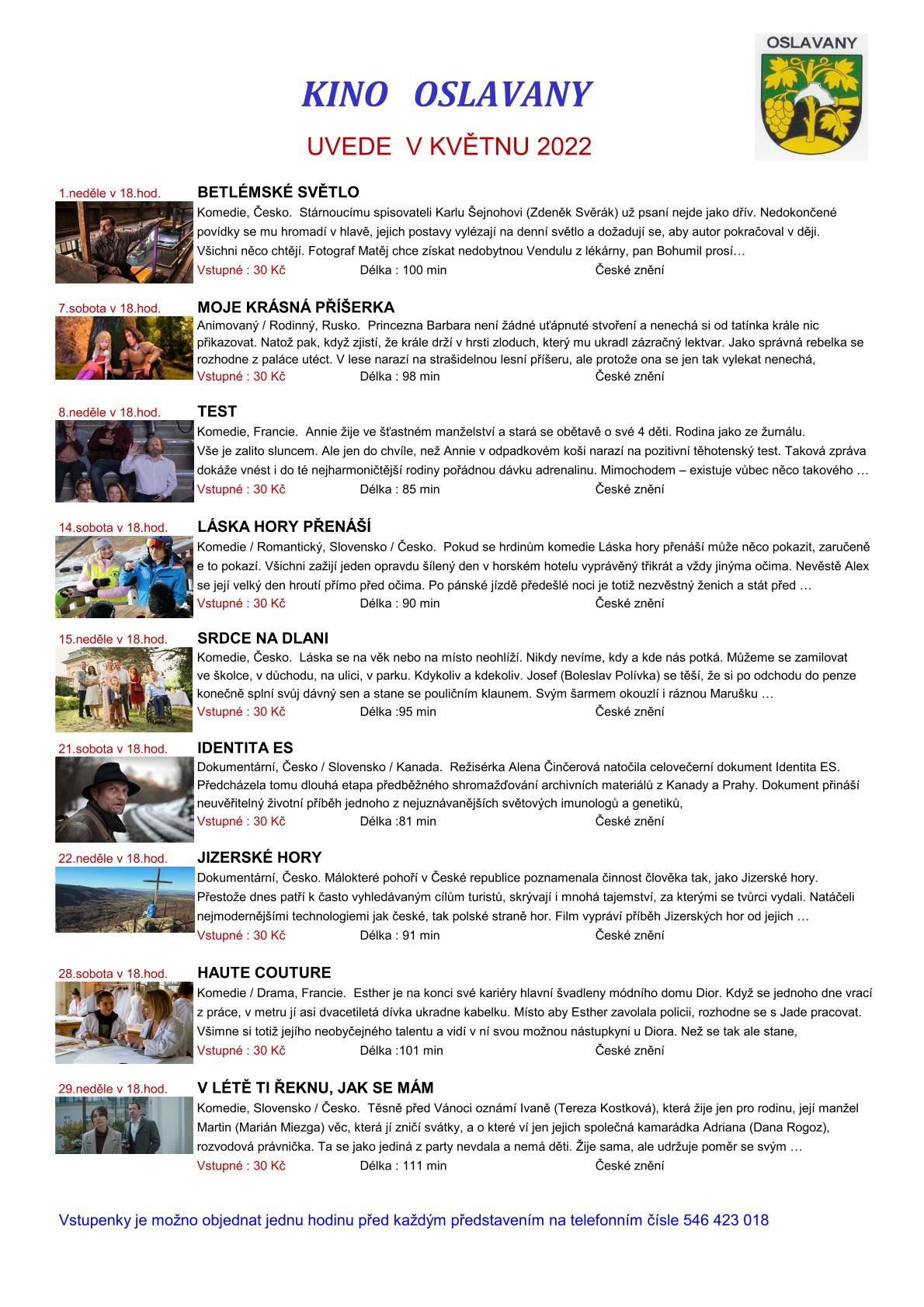 Kino Oslavany - program květen 2022
